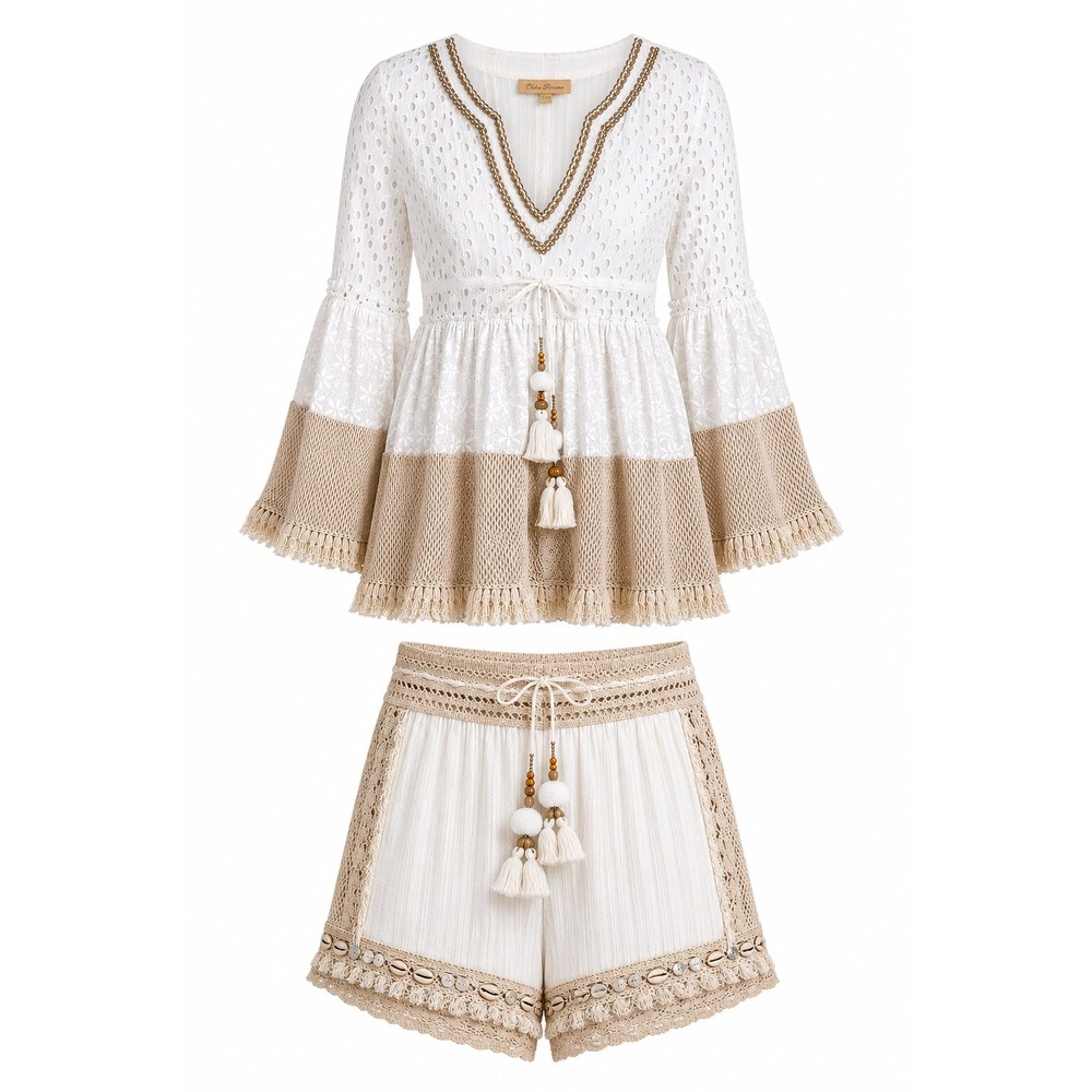 Chloe Laetitia Two Piece Set White Tan Eyelet Crochet Fringe Tassel Metallic S/M